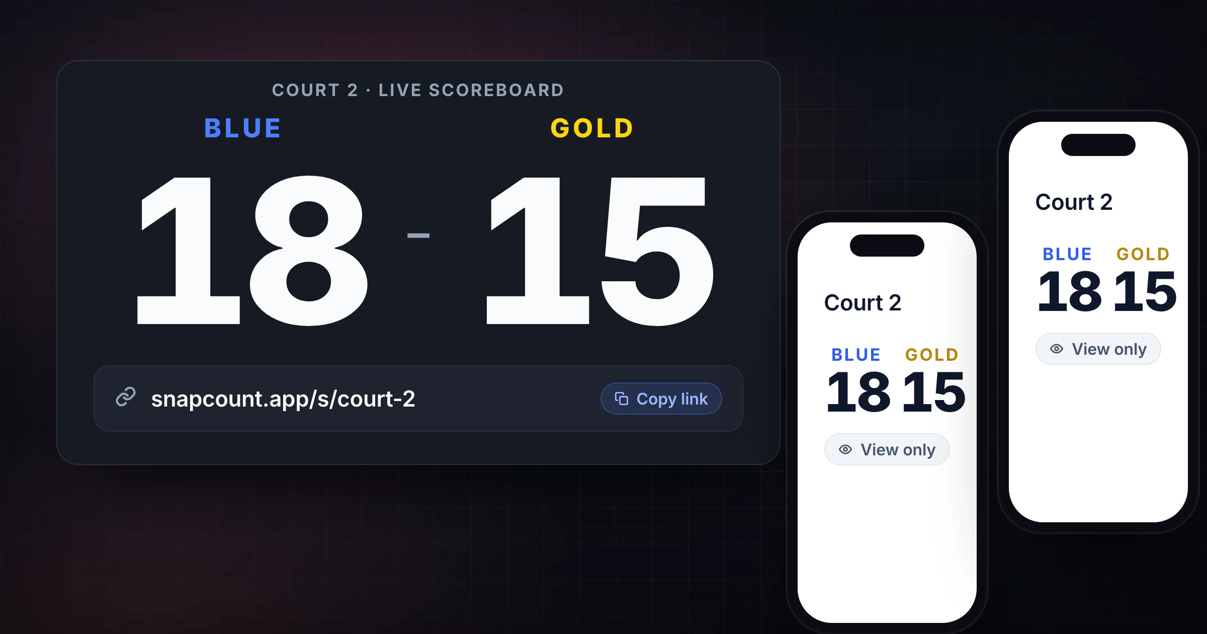 A live scoreboard link shared from a laptop to phones and a projector during a casual game