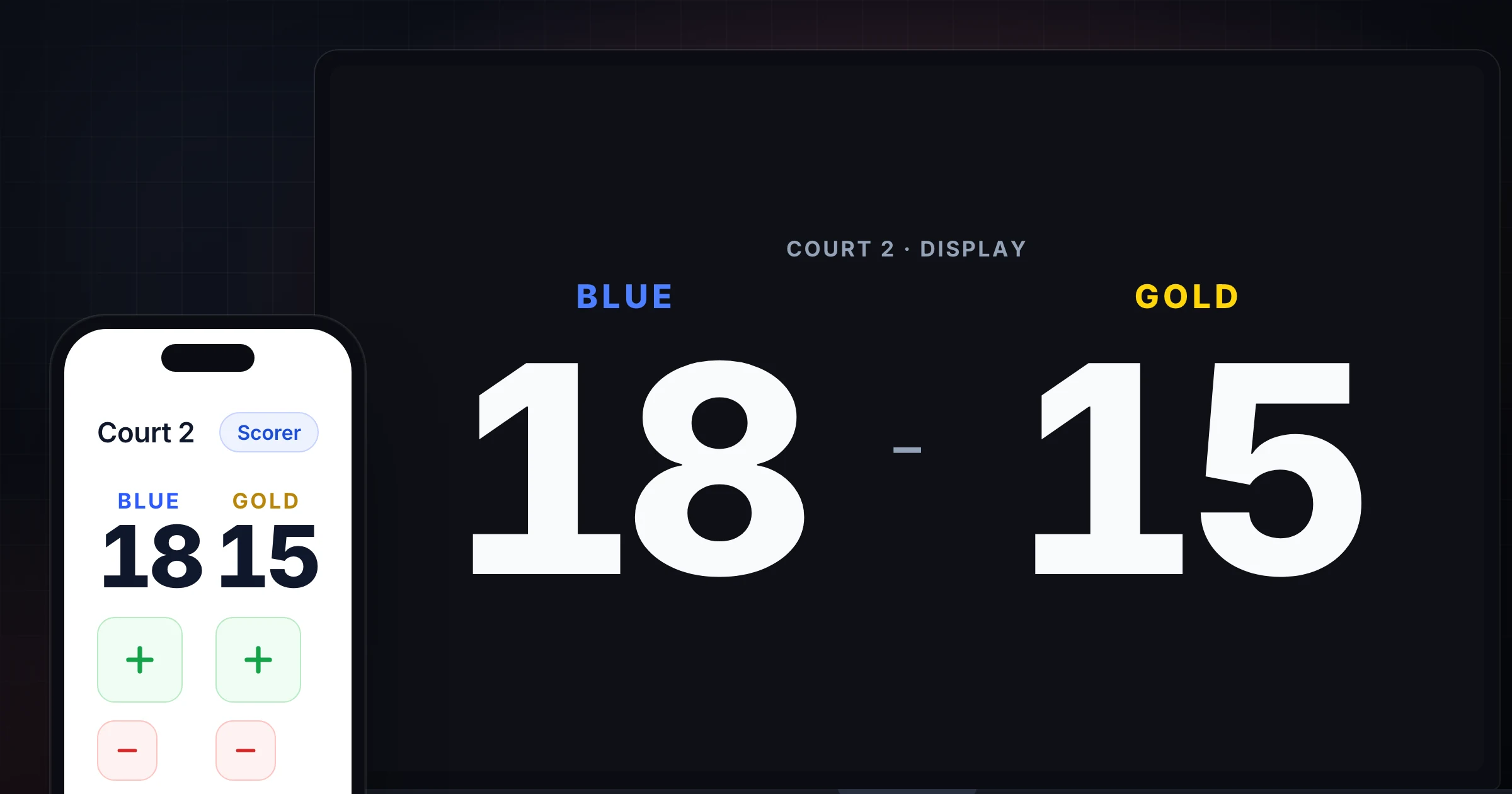 A phone controlling a live score while a laptop displays the same online scoreboard