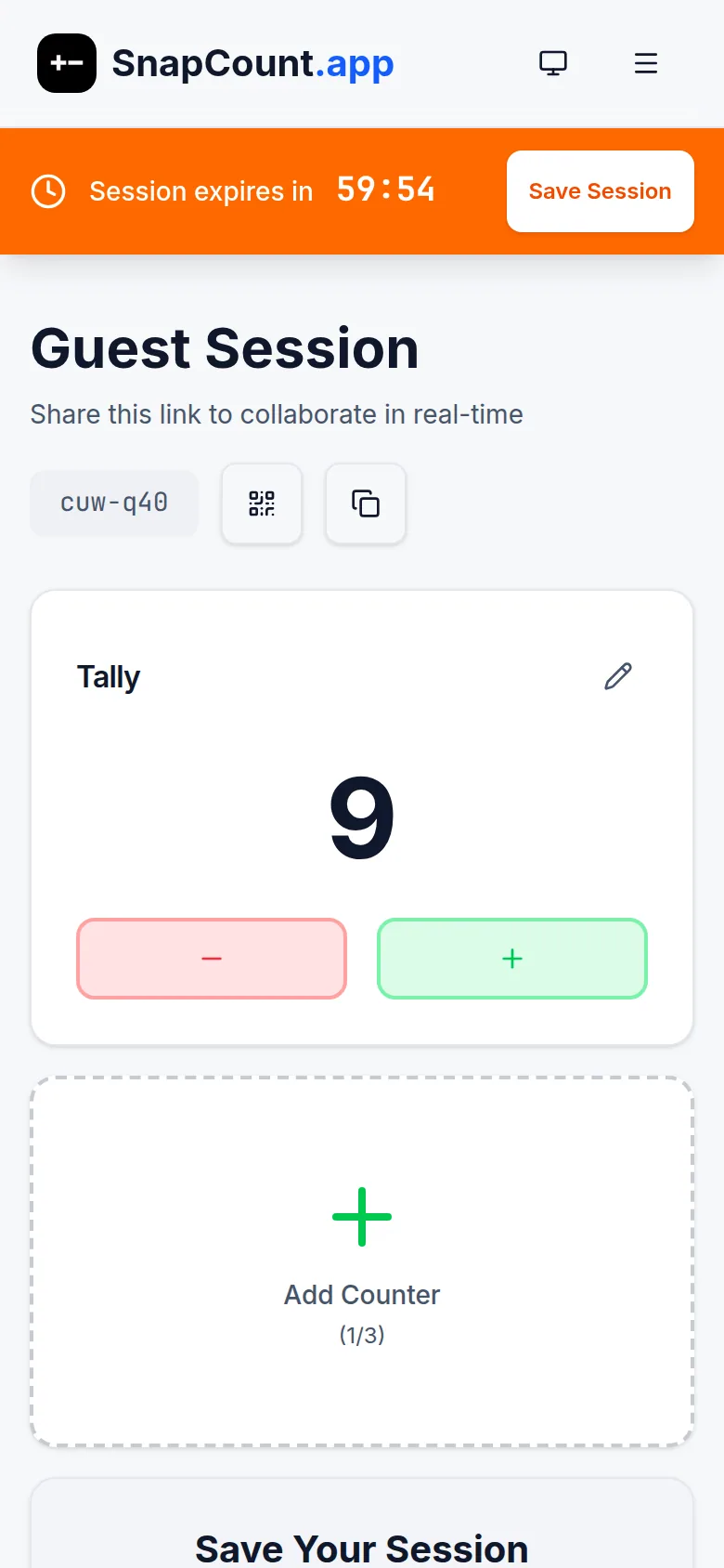 SnapCount guest session on a phone showing a live tally of 9