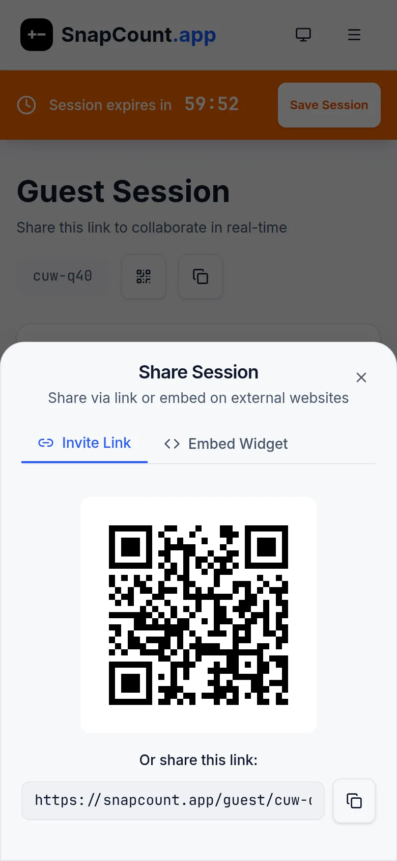 SnapCount guest share sheet with a QR code to join the live session