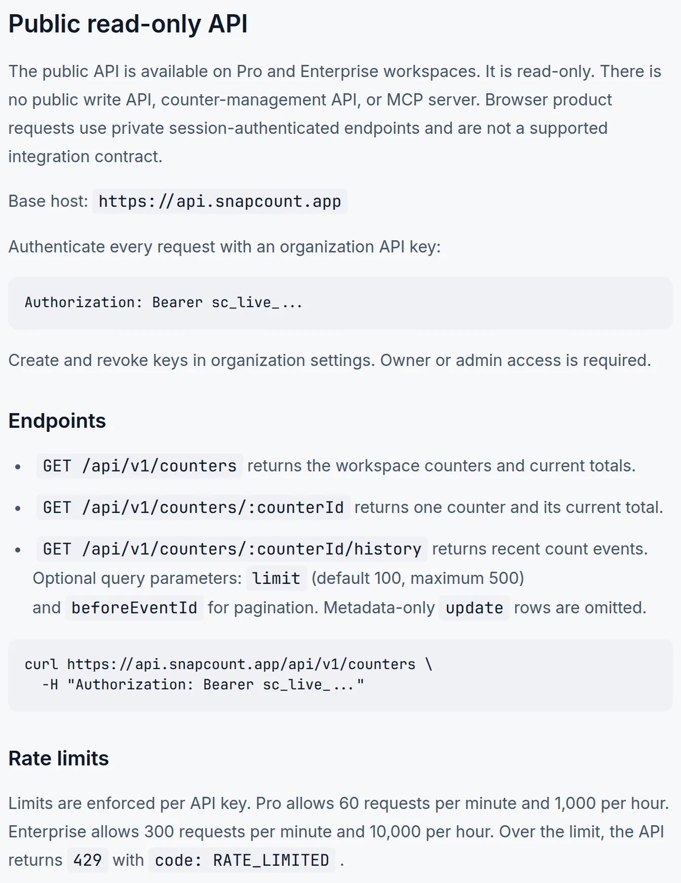 SnapCount developers page showing a redacted sc_live_ API key